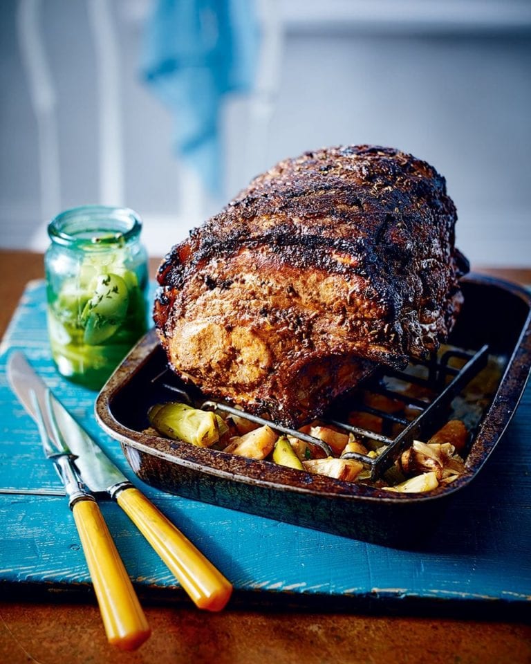 Spiced pork shoulder with celeriac, leeks and quick-pickled apple