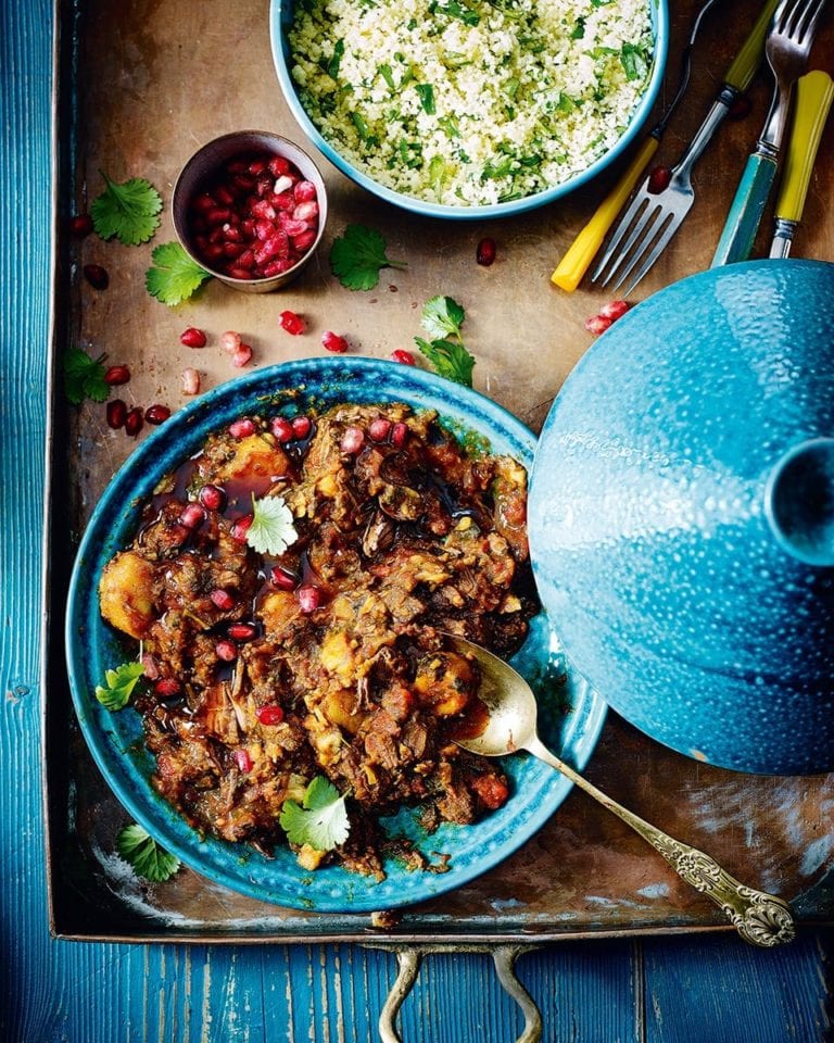 Venison and parsnip tagine with buttered herb couscous