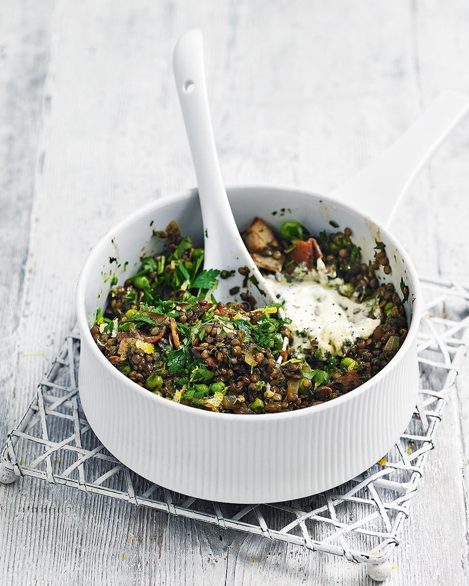 Quick bacon, pea and spinach lentils recipe | delicious. magazine