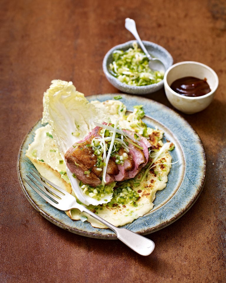 Duck pancakes with quick-pickled spring onions
