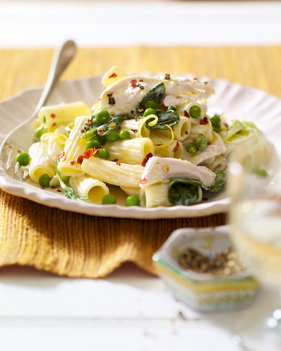 Creamy chicken, pea, leek and spinach pasta recipe | delicious. magazine