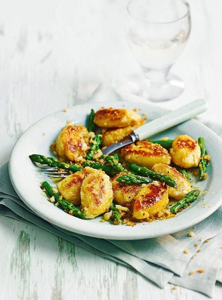 Cheat’s ricotta gnudi with asparagus and crumbs