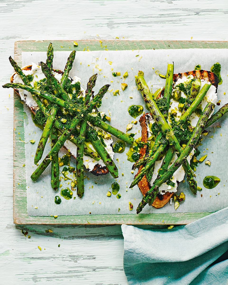 Griddled asparagus and goat's cheese toast recipe delicious. magazine