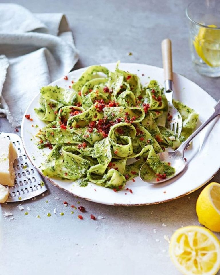 Wild garlic pesto pappardelle with crispy ‘nduja breadcrumbs