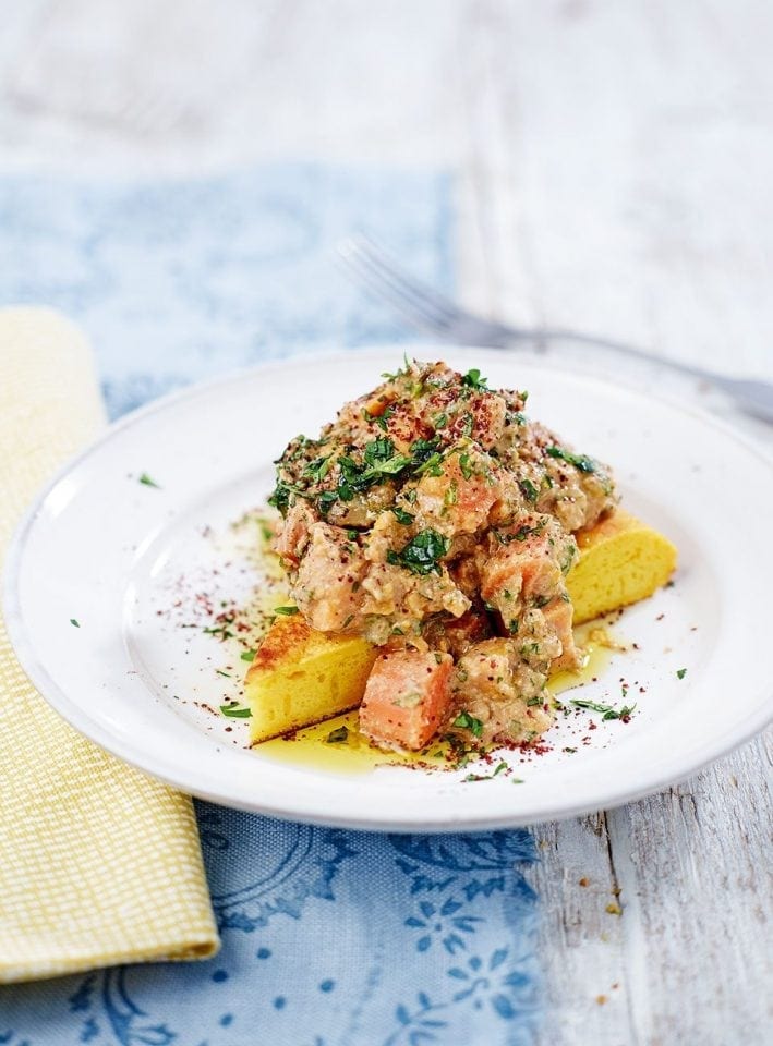 Root vegetable, aubergine and walnut ragoût