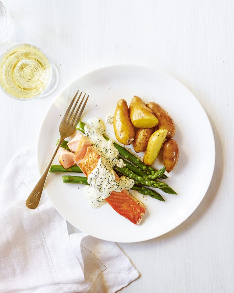 Easy mustard and dill salmon with new potatoes and asparagus