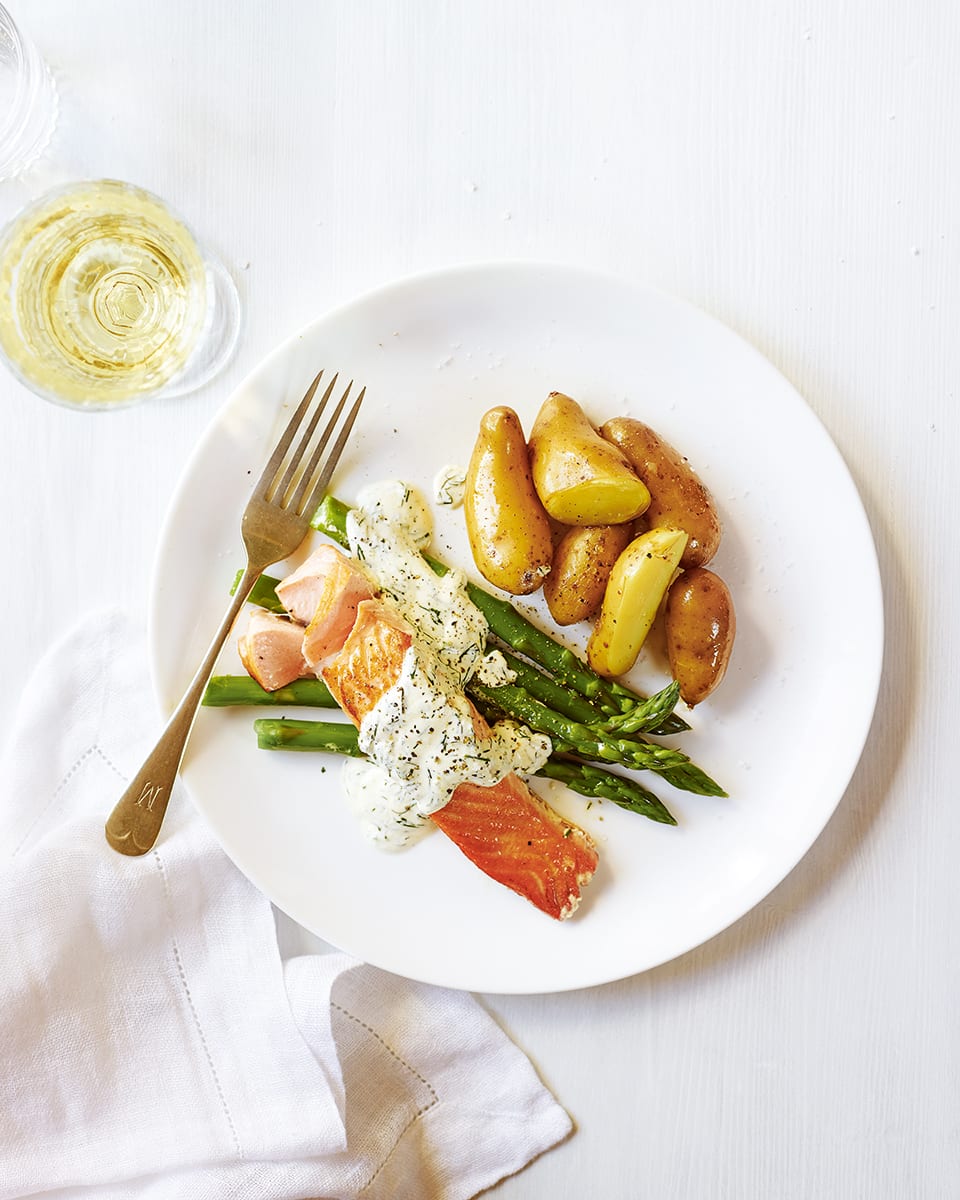 Easy mustard and dill salmon with new potatoes and asparagus recipe