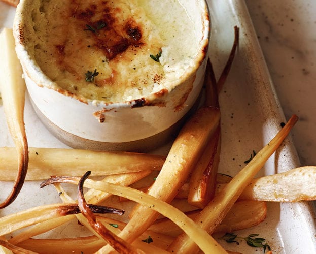 Honey glazed parsnips with baked parmesan dip
