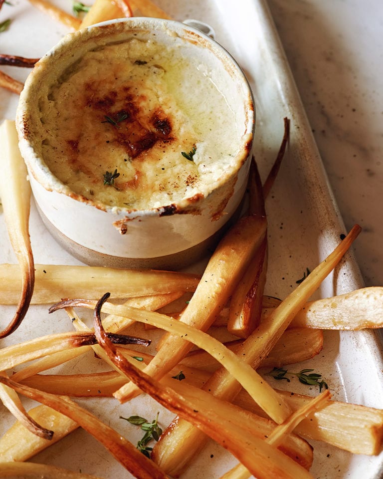 Honey glazed parsnips with baked parmesan dip