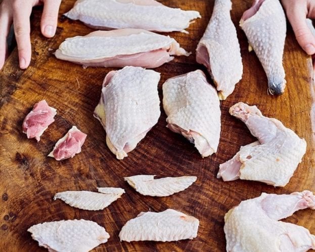 Chopping board with pieces of chicken