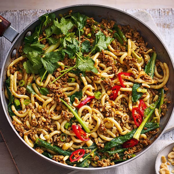 Black bean pork noodles with coriander and peanuts