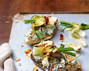 Spring onion, herby ricotta and ‘nduja toasts – video