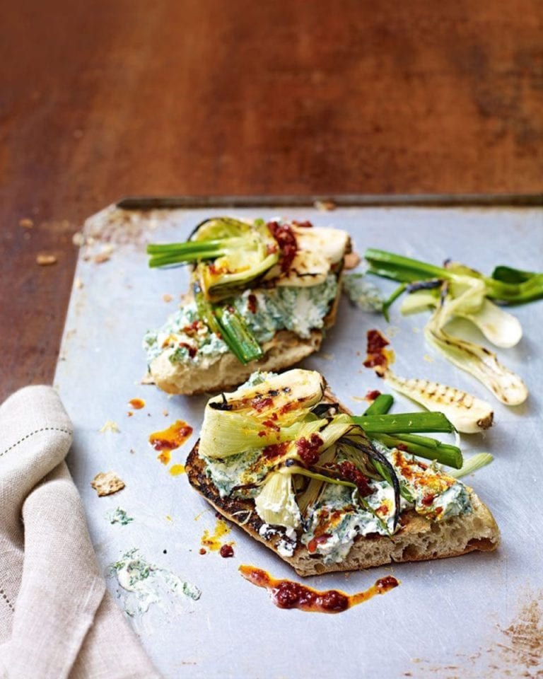 Spring onion, herby ricotta and ‘nduja toasts – video