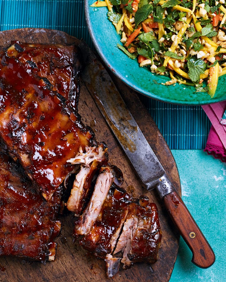 Thai style sticky pork ribs with mango salad