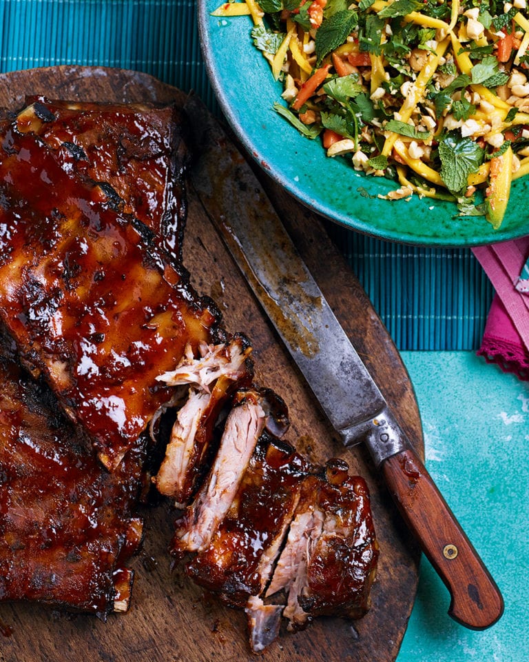 Thai-style sticky pork ribs with mango salad