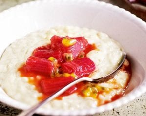 White chocolate rice pudding with rhubarb and passion fruit compote – video