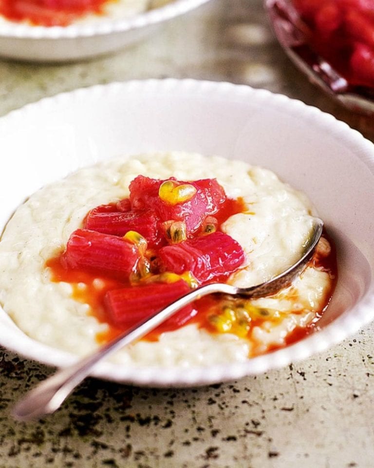 White chocolate rice pudding with rhubarb and passion fruit compote – video