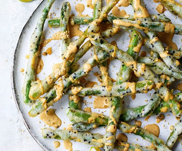 Black sesame tempura asparagus with miso mayo