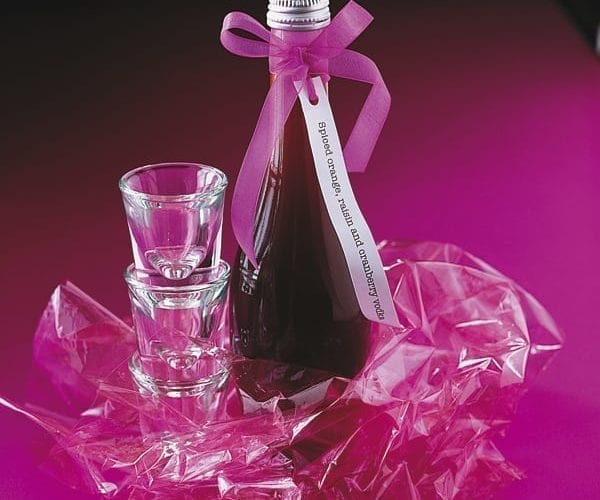 Spiced vodka in a glass bottle