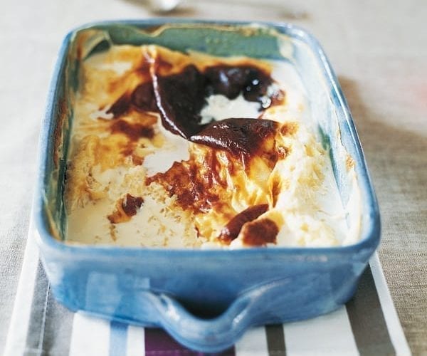 Rice pudding in a blue baking tray