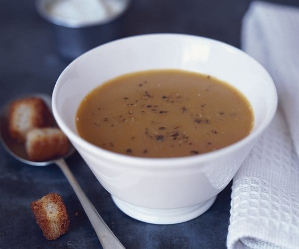 Crab bisque in a white bowl