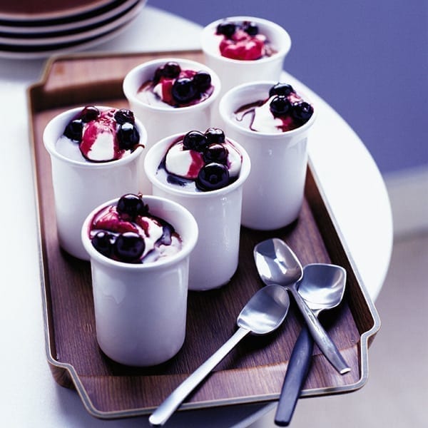Chocolate fudge pots with blueberries in cassis