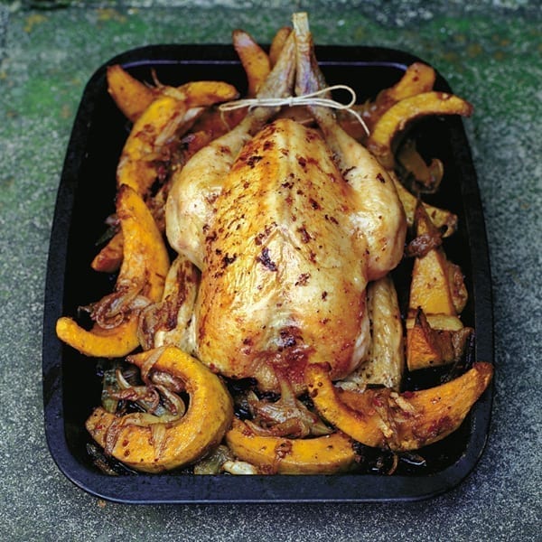 Ginger-roasted chicken with Bengali-spiced squash
