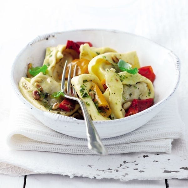 Pasta with roasted peppers and pine nuts