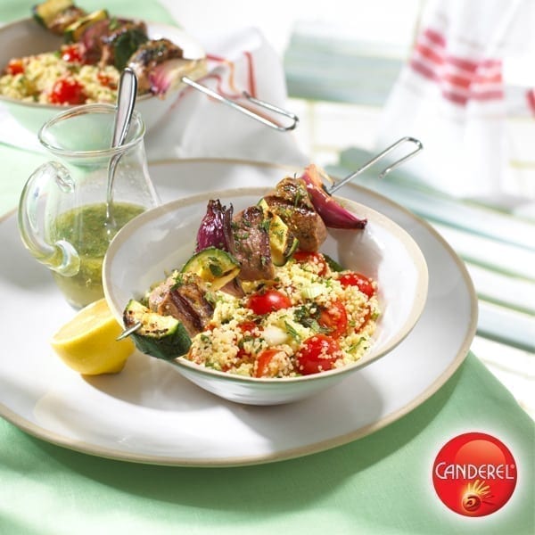 Lemon and mint lamb kebabs with couscous salad