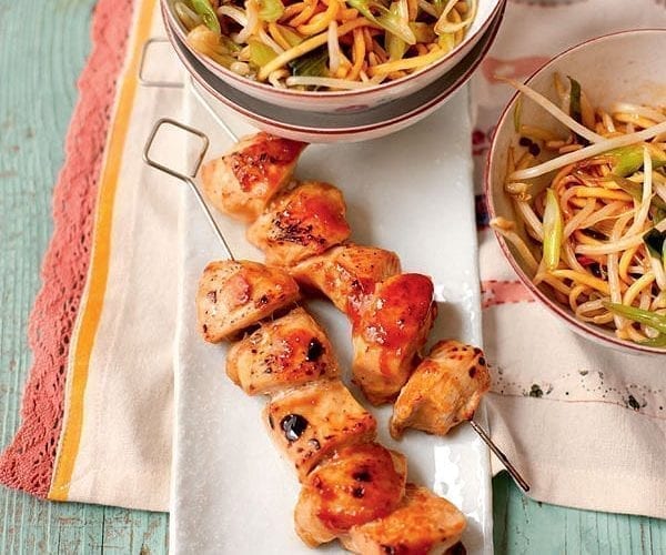 Five-spice chicken skewers with speedy chow mein