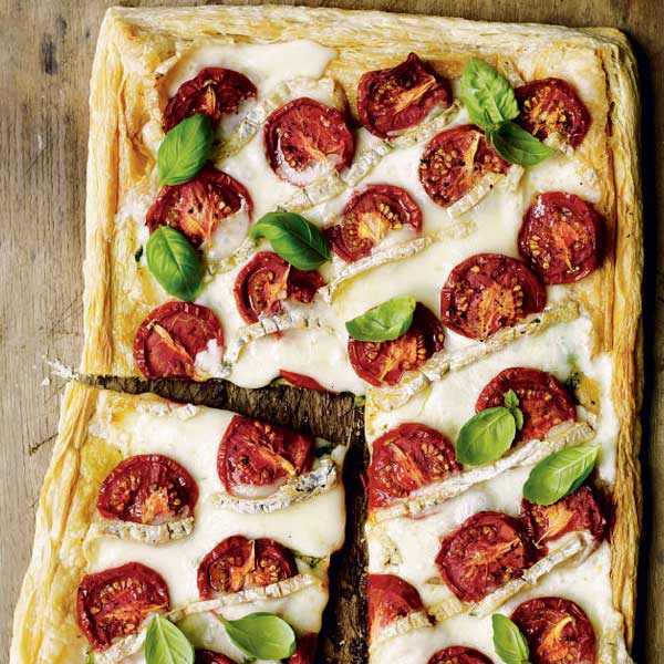 Oven-dried tomato and taleggio tart with pesto