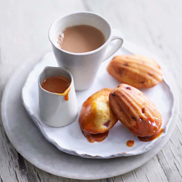 Cherry madeleines with hot toffee sauce