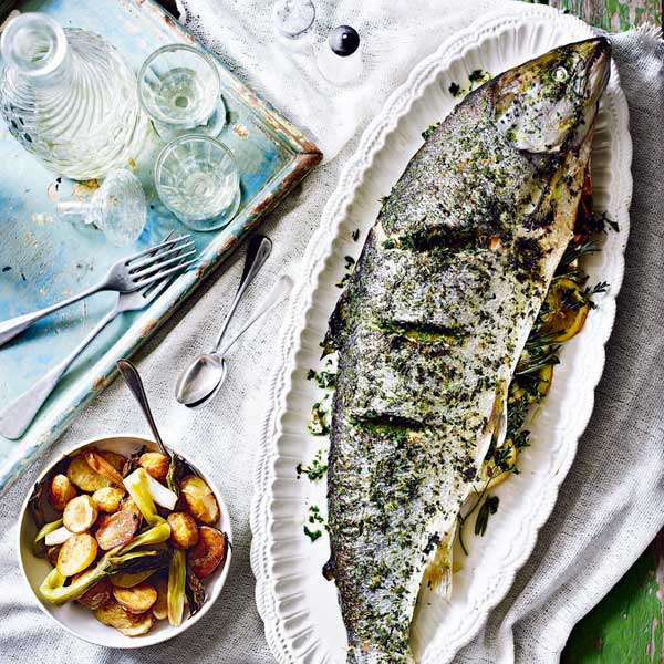 One-pan whole roast salmon and new potatoes