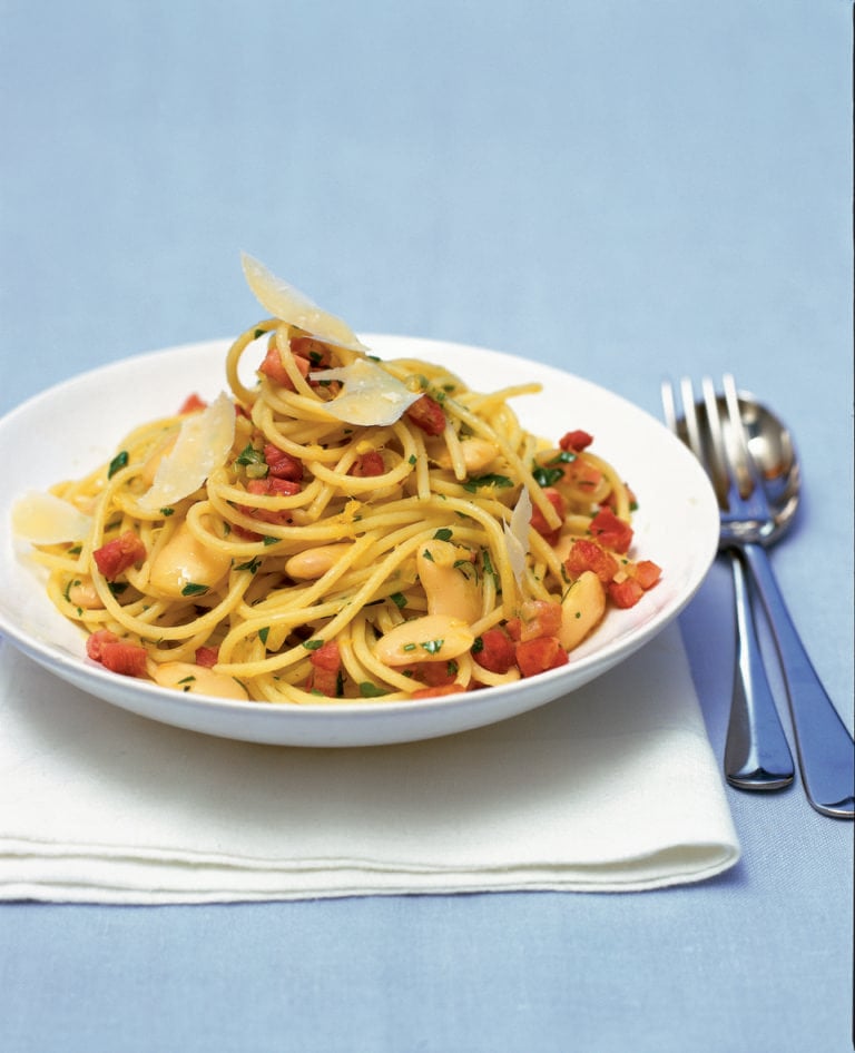 Spaghetti with pancetta, butter beans and rosemary