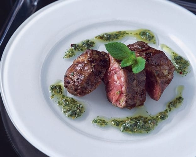 Seared lamb with mint and chilli sauce