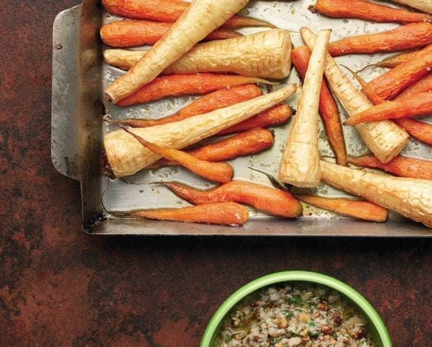 Roast carrots and parsnips with walnut sauce