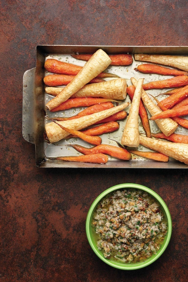 Roast carrots and parsnips with walnut sauce