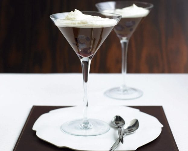 Chocolate soup with cherries and cappuccino