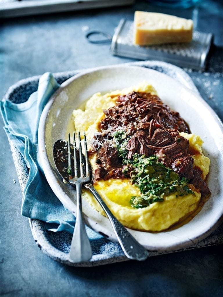 Hare ragù with polenta and salsa verde