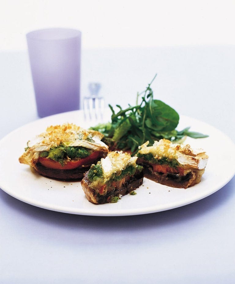 Rocket pesto-filled mushrooms with Camembert