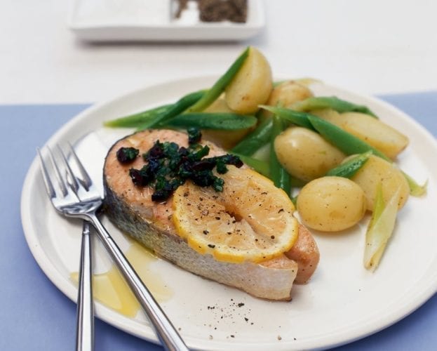 Salmon with basil, lemon and olive butter