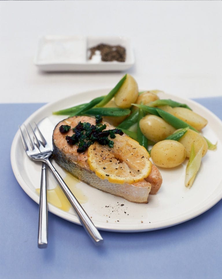 Salmon with basil, lemon and olive butter