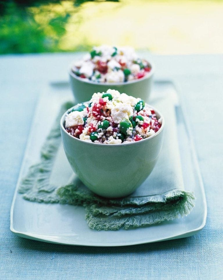 Couscous with broad beans, peas, mint and feta