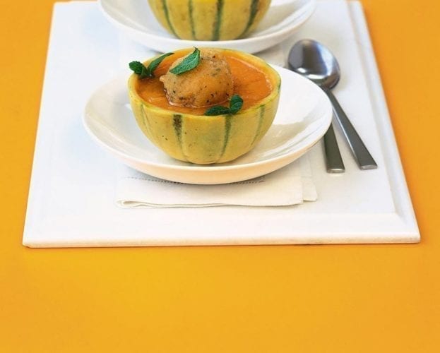 Iced melon soup with melon and mint sorbet