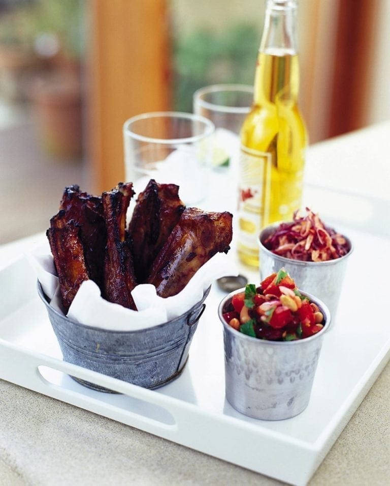Sticky ribs with bean salsa and coleslaw