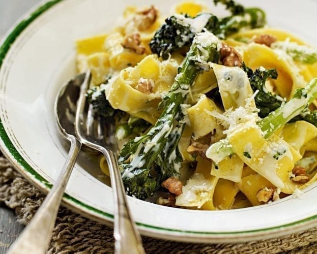 pappardelle with purple sprouting broccoli