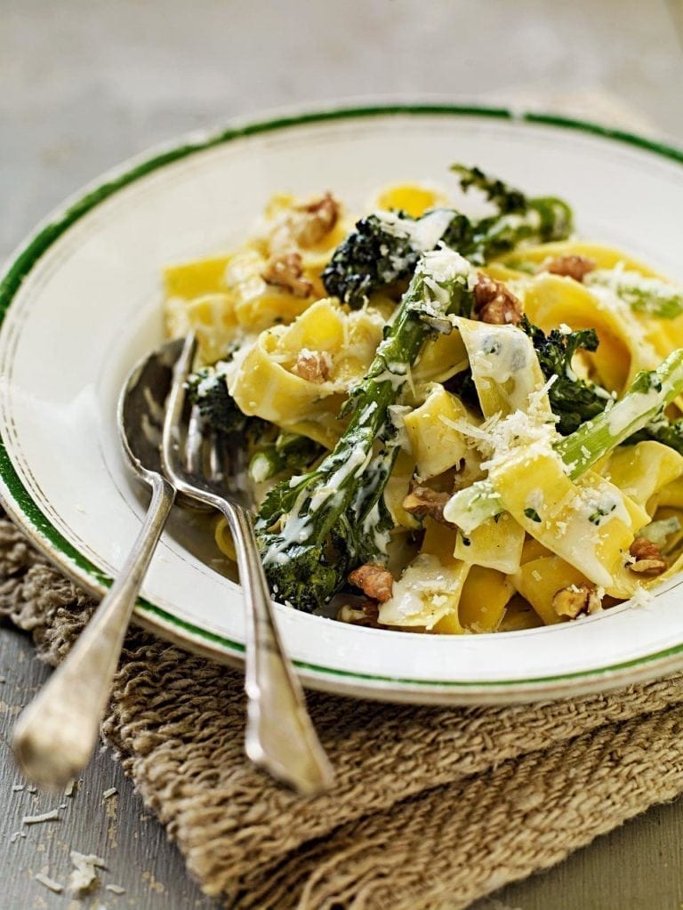 Pappardelle with purple sprouting broccoli, Dolcelatte and walnuts