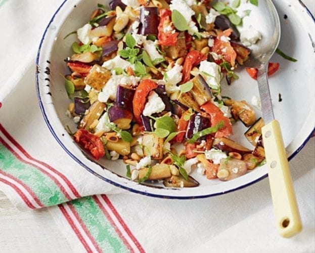 Sautéed aubergines with feta and pine nuts