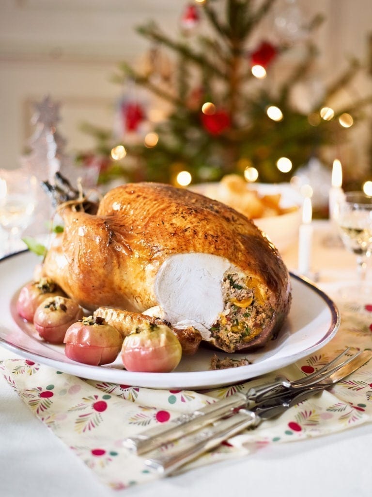 Turkey with sausage, pancetta and apricot stuffing