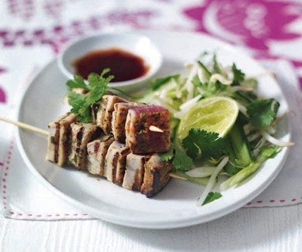 Sweet soy and chilli tuna skewers with Asian slaw